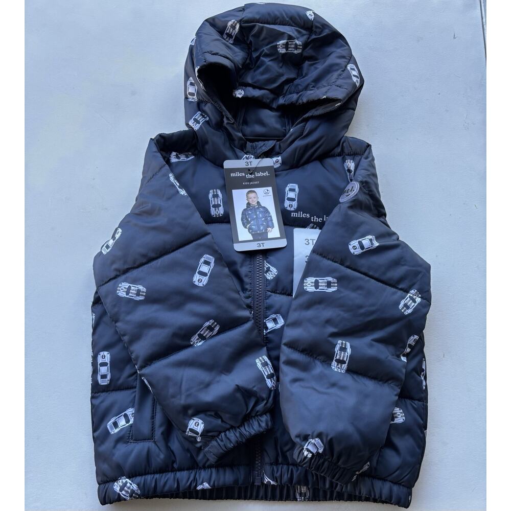 Miles the Label Kids Hooded Puffer Jacket Boys Navy Car Design Size 3T. NWT